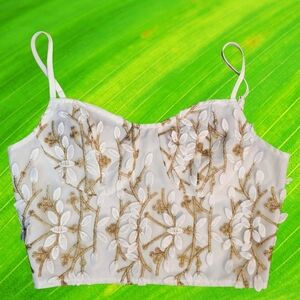 SHEIN White and Gold Floral Embroidered Crop Top